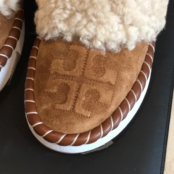 TORY BURCH SUEDE SHEARLING LOGO LOAFER SLIPPERS - Picture 2 of 10